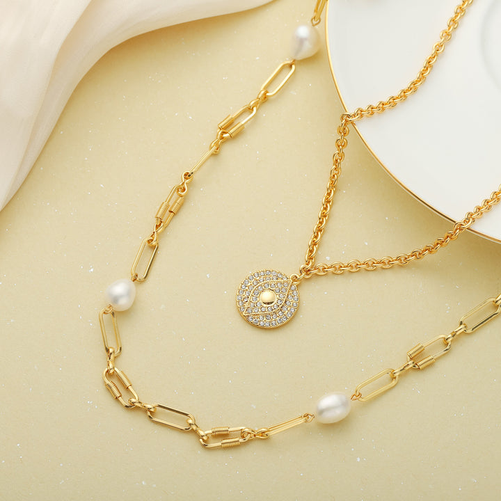 Evil Eye Pearl Layered Pendant Necklace