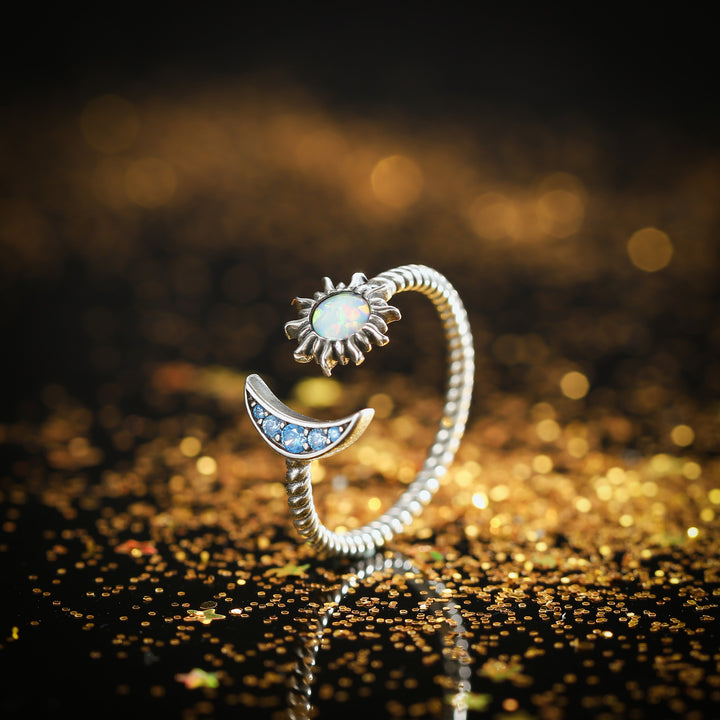 925 Sterling Silver Opal Sun & Moon Open Ring