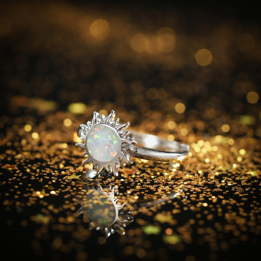 925 Sterling Silver Opal Sun Adjustable  Ring