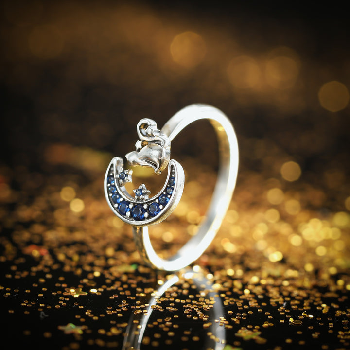925 Sterling Silver Moon Cat Open Ring
