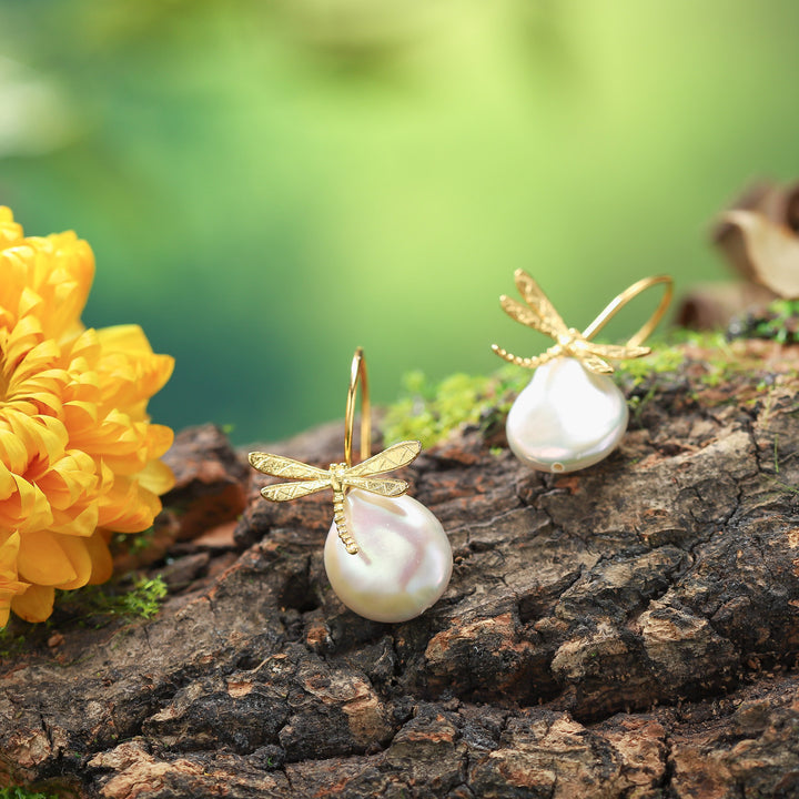 Baroque Pearl Dragonfly Autumn Earrings