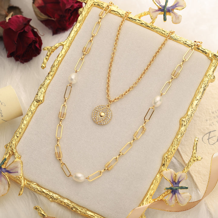 Evil Eye Pearl Layered Gold Necklace