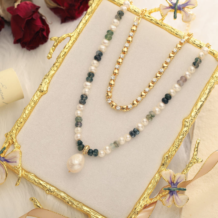 Turquoise Pearl Layered Gold Necklace