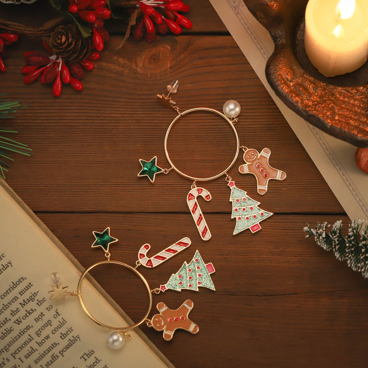 Christmas Tree Gingerbread Man Gold Hoop Earrings