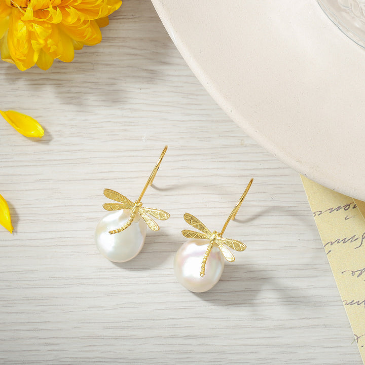 Selenichast Baroque Pearl Dragonfly Dangling Earrings