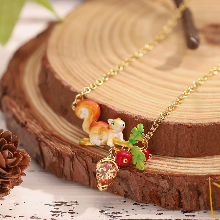 Enamel Squirrel Diamond Acorn Necklace