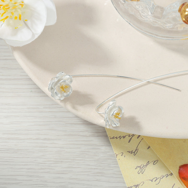 Camellia Hook Silver Earrings Anniversary Jewelry Gift for Her
