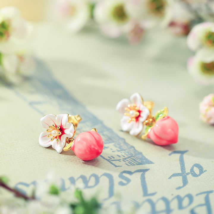 Peach Pink Flower Gold  Earrings