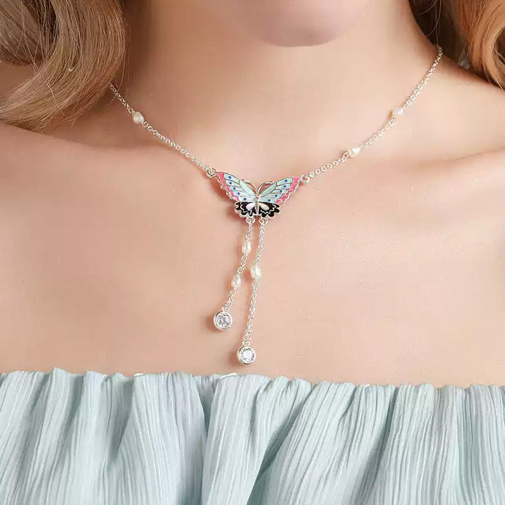Selenichast Silver Butterfly Enamel Necklace