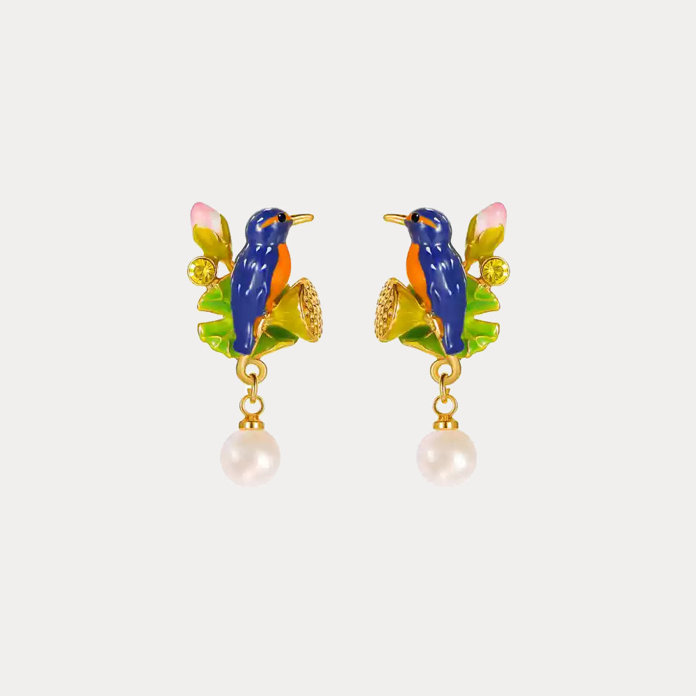 Selenichast Lotus Kingfisher Pearl Earrings