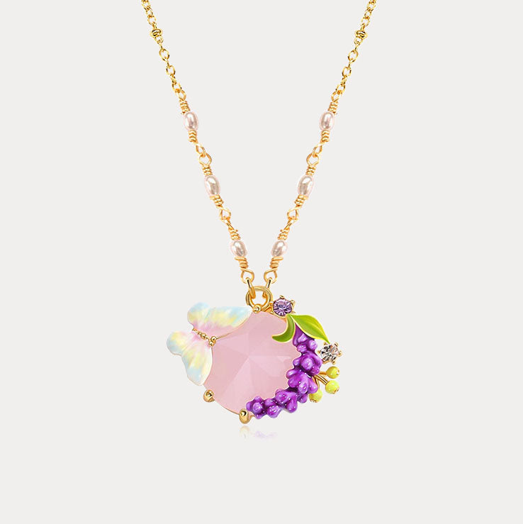 lavender flower necklace Lavender Butterfly Necklace | Enamel Lavender Neckalce With Pink Crystal  And Butterfly | Lavender Flower Necklace