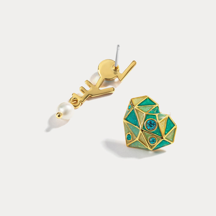 Green Diamond Heart Enamel Earrings