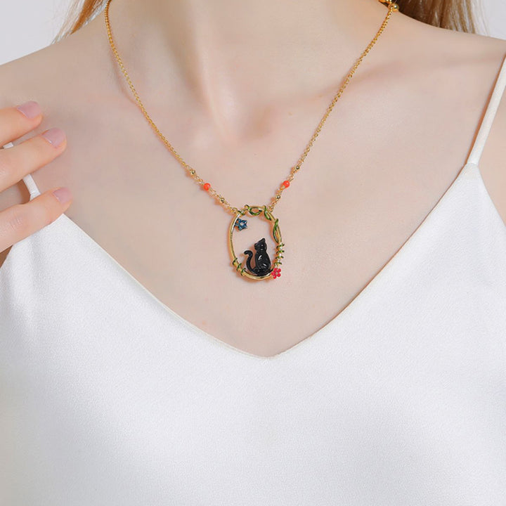enamel black cat necklace