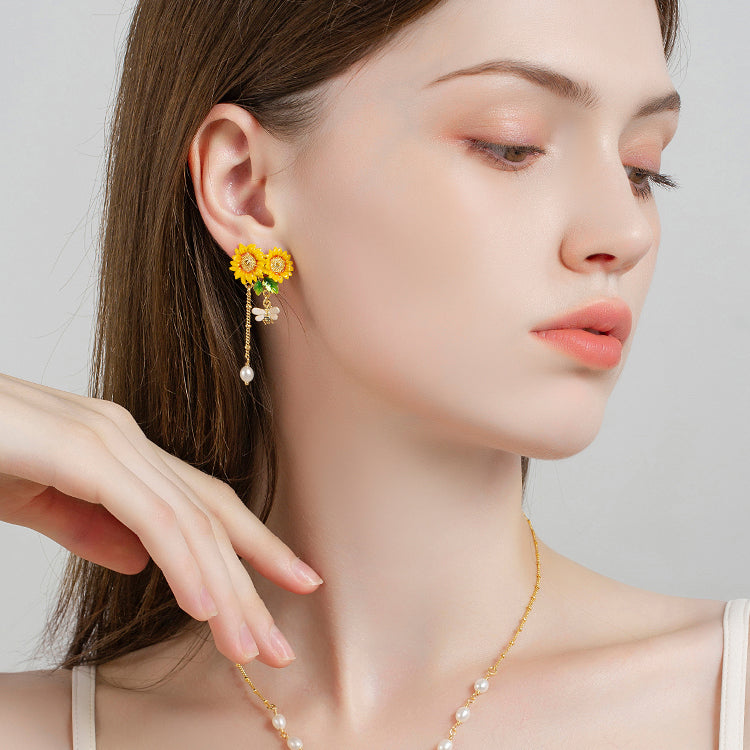 Sunflower & Bee Enamel Earrings