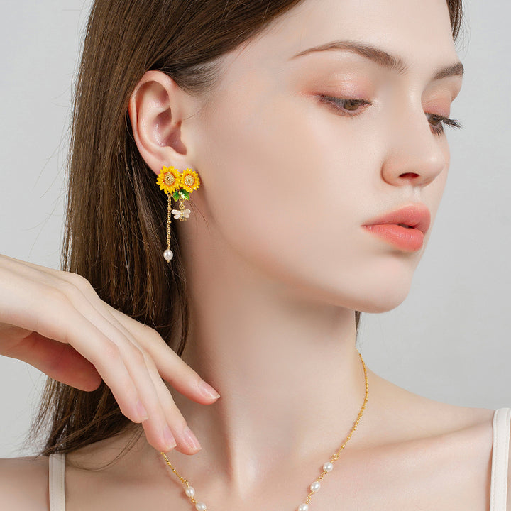Sunflower & Bee Enamel Earrings