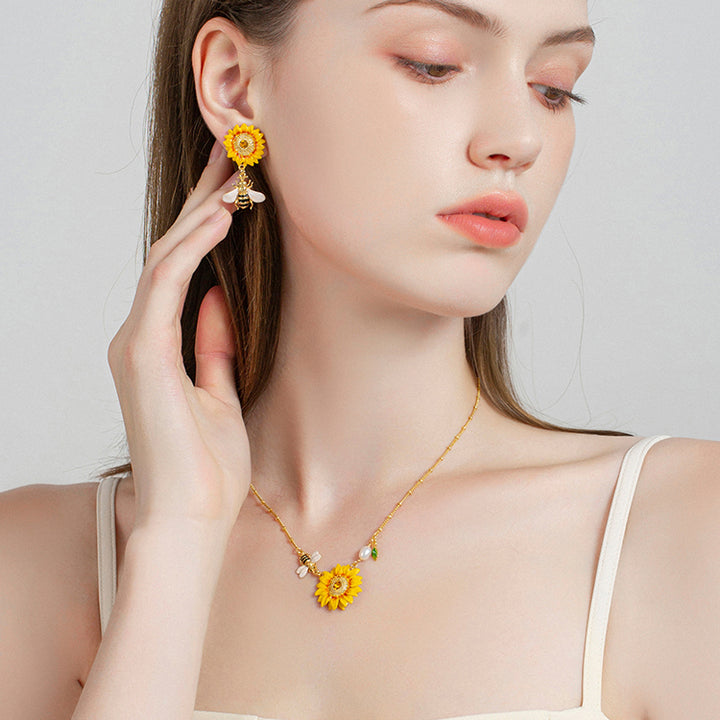 Gold Sunflower & Bee Necklace