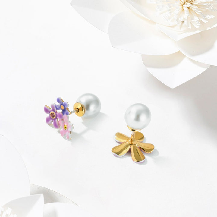enamel forget me not flowers pearl stud earrings