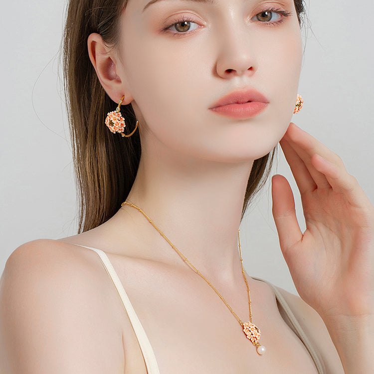 Pink Verbena Hoops Pearl Earrings