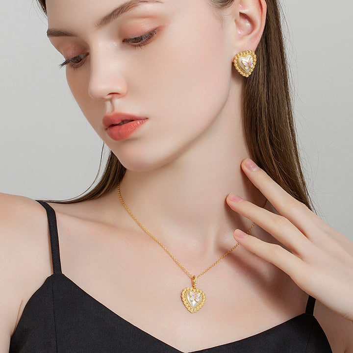 Butterfly Heart Stud Earrings and Necklace