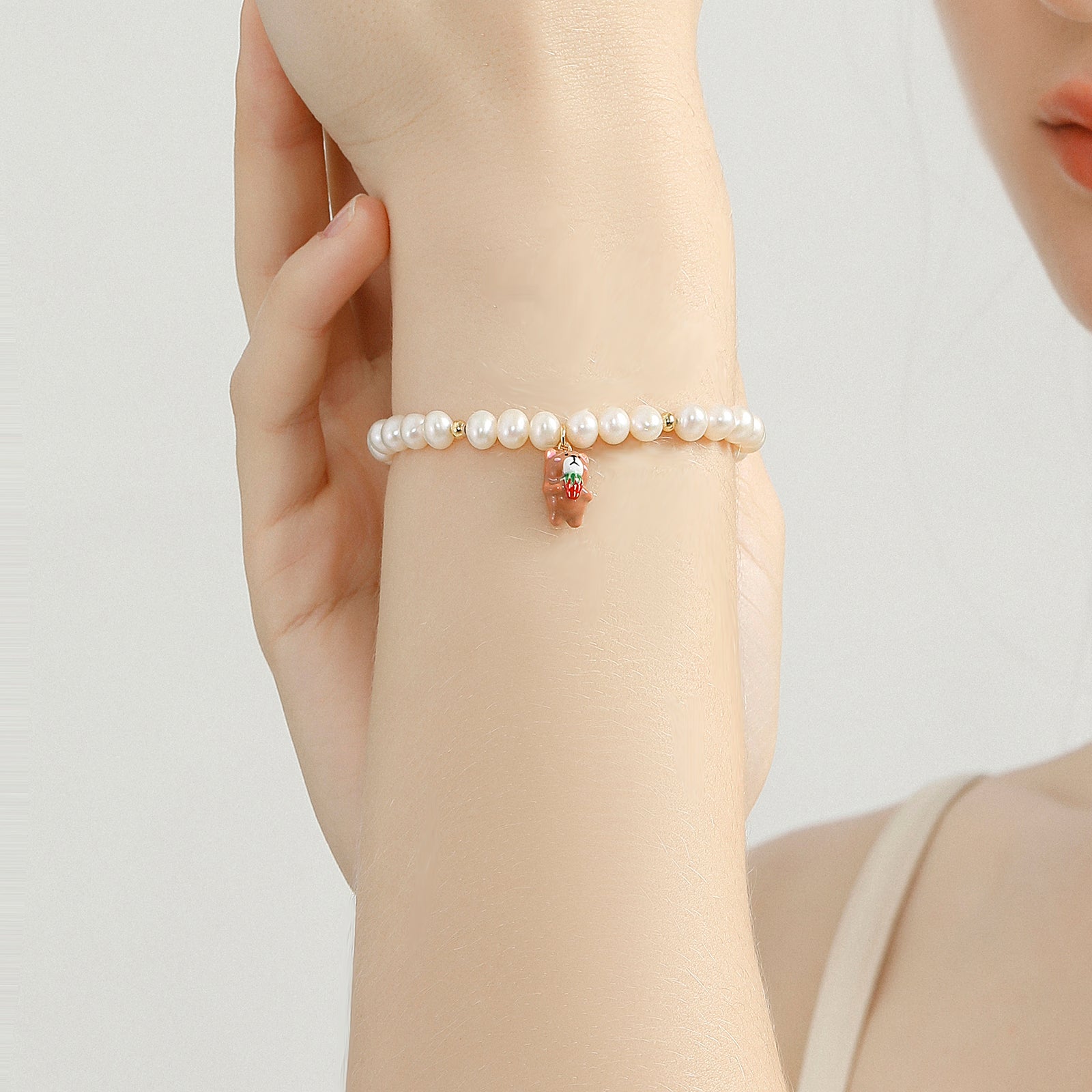 Strawberry Bear Pearl Gold Bracelet