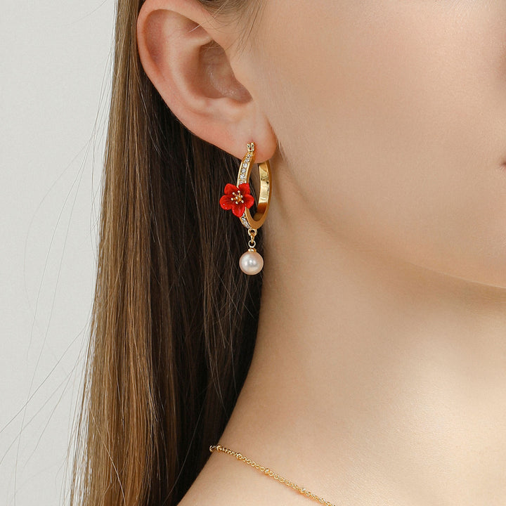 Begonia Flower Pearl Hoops Earrings