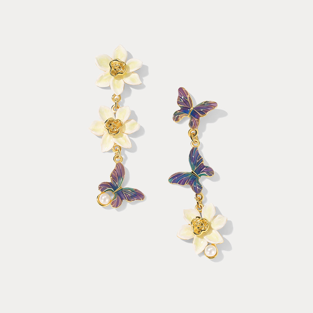 Gold Daffodils & Butterfly Earrings