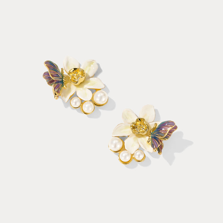 Daffodils & Butterfly Pearl Stud Earrings