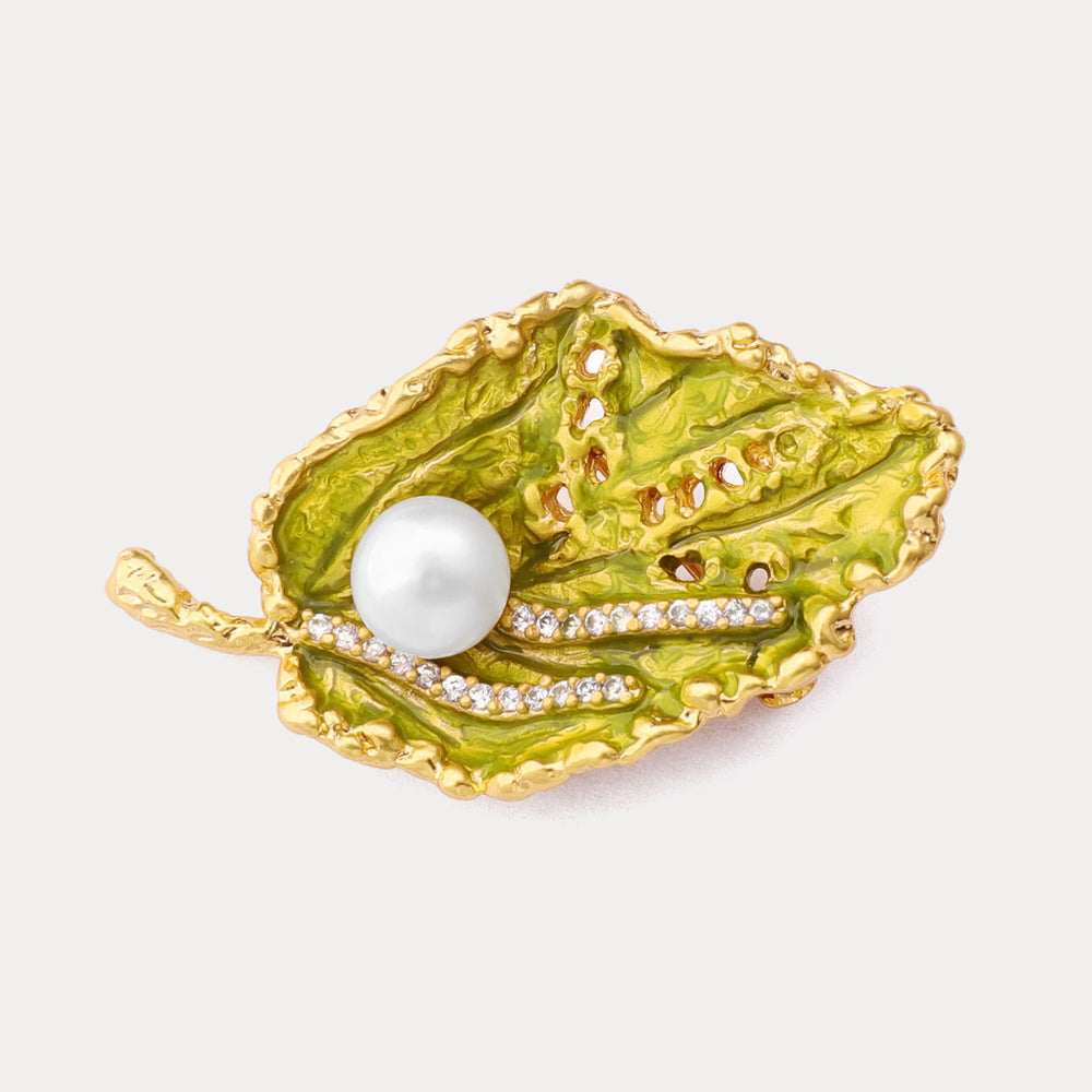 Enamel Mulberry Leaf Brooch