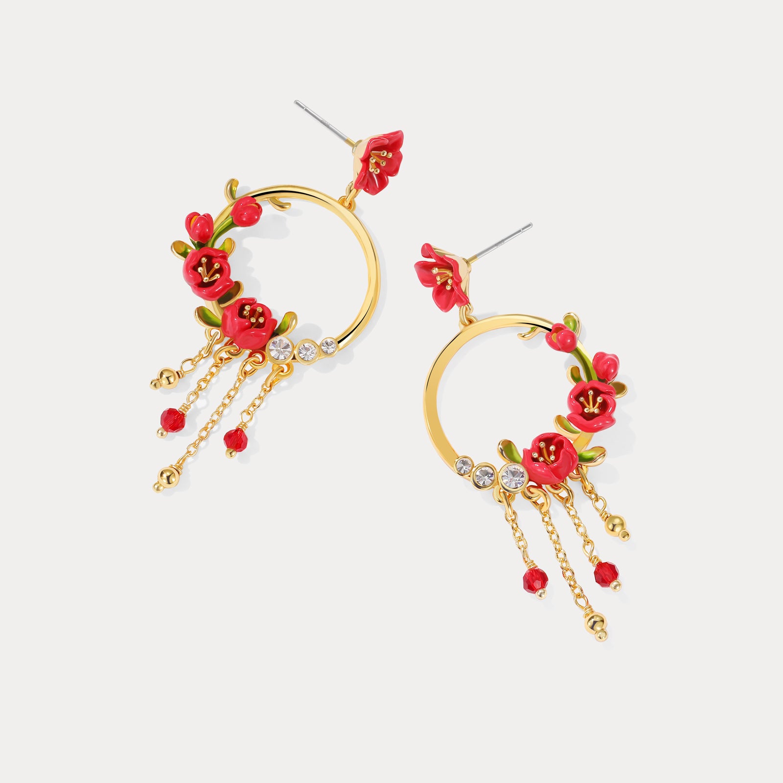 Enamel Begonia Flower Tassel Earrings