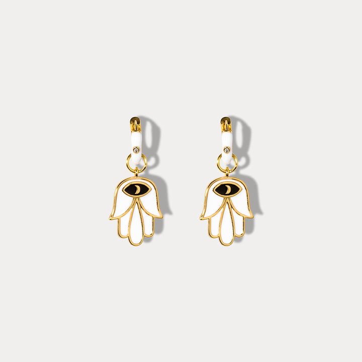 White Eye in Hand Drop Gold Earrings