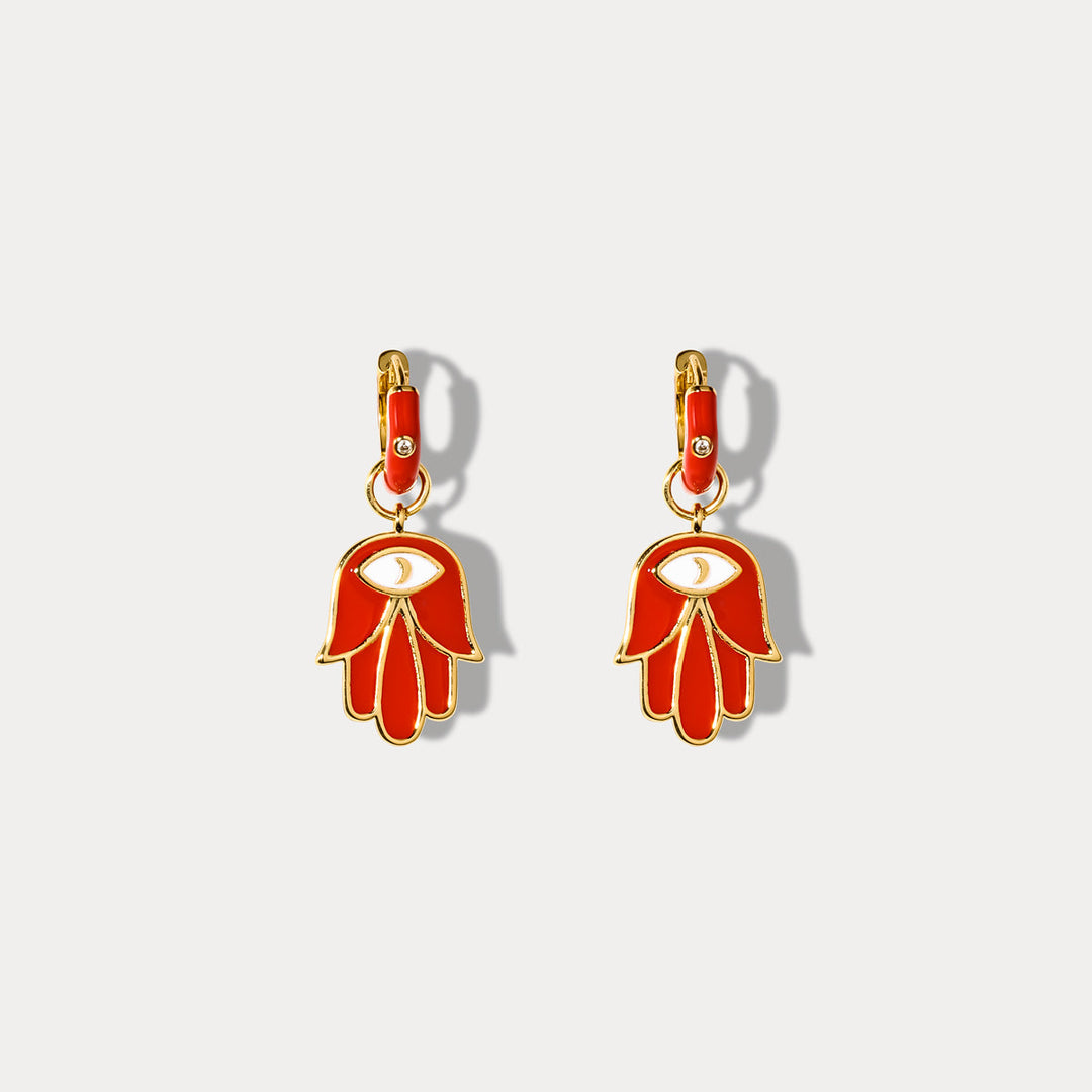 Red Eye in Hand Drop Gold Earrings