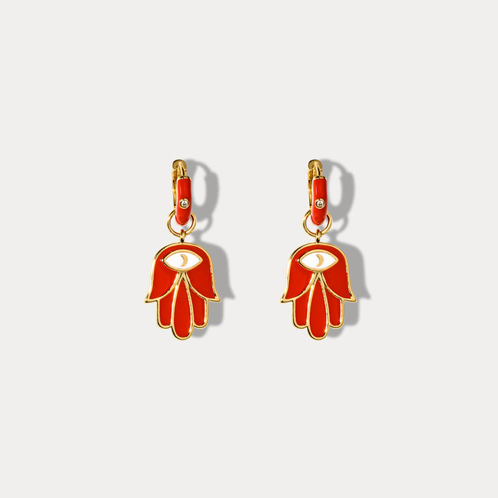 Red Eye in Hand Drop Gold Earrings