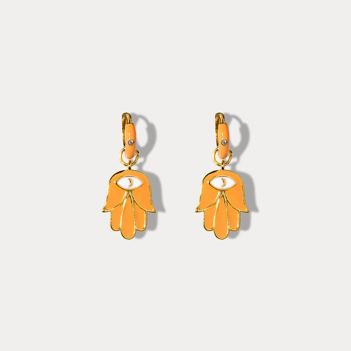 Orange Eye in Hand Drop Gold Earrings