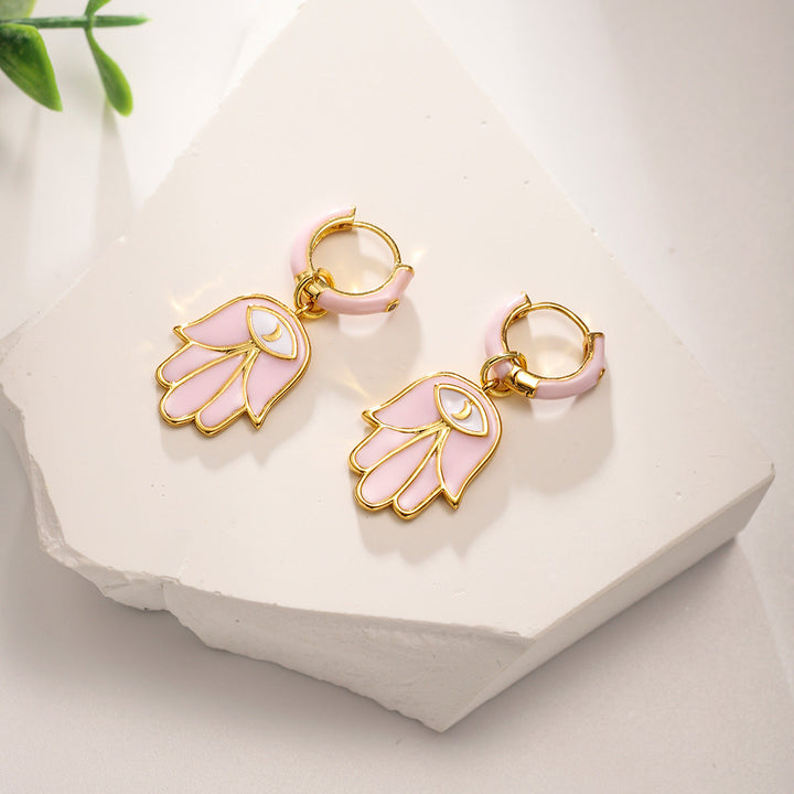 Pink Eye in Hand Drop Hoop Earrings