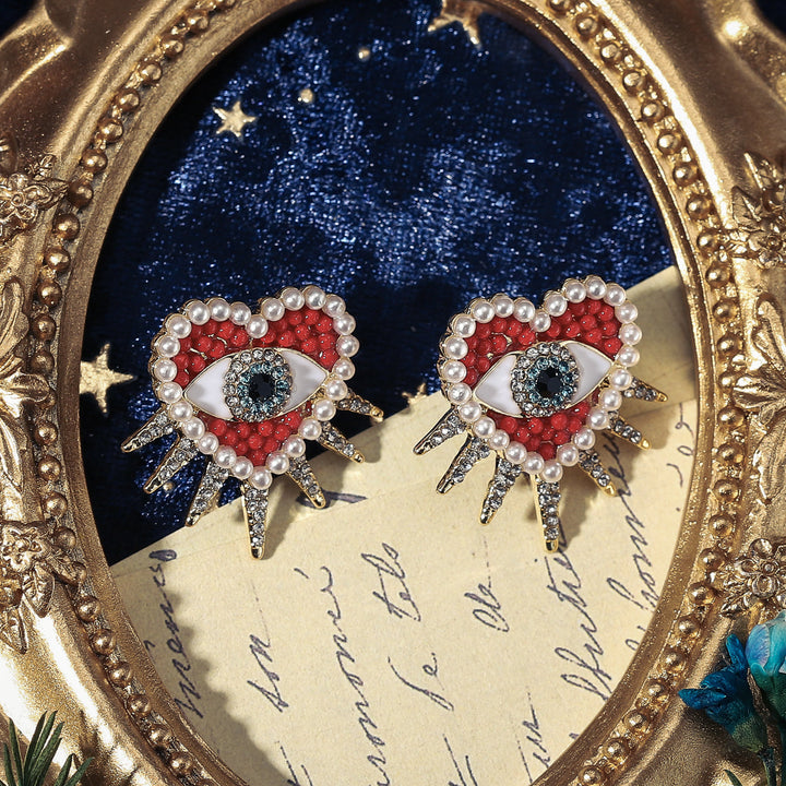 Red Heart Sun Diamond Evil Eye Pearl Earrings