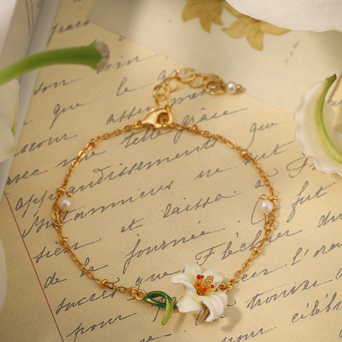 gold lily enamel bracelet