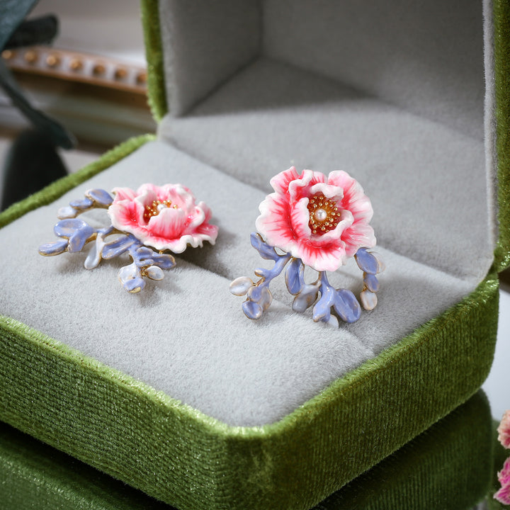 Pink Peony Enamel Stud Earrings