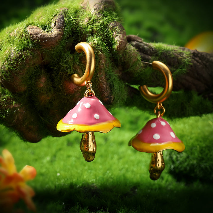 Pink Enamel Mushroom Earrings