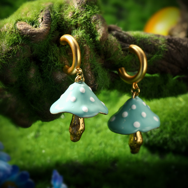 Blue Enamel Mushroom Earrings