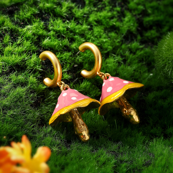Pink Mushroom Gold Earrings
