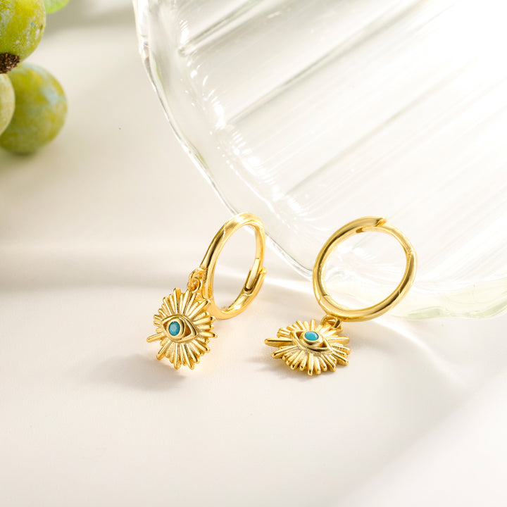 Blue Eyes Sun-Shape Drop Hoops Silver Earrings