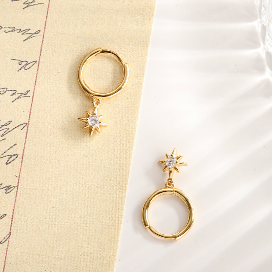 Selenichast diamond star shape drop hoops earrings