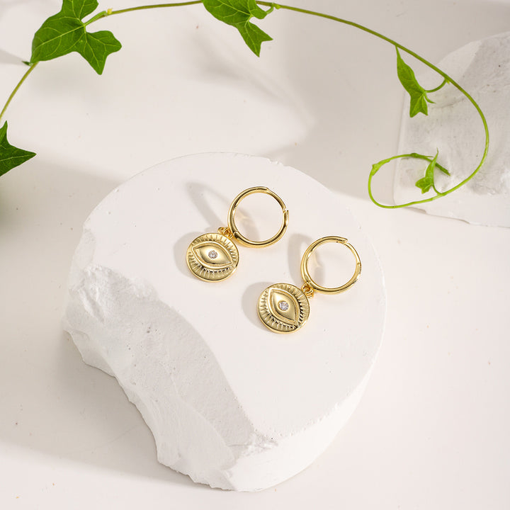 Diamond Eyes Round Drop Hoops Sterling Silver Earrings