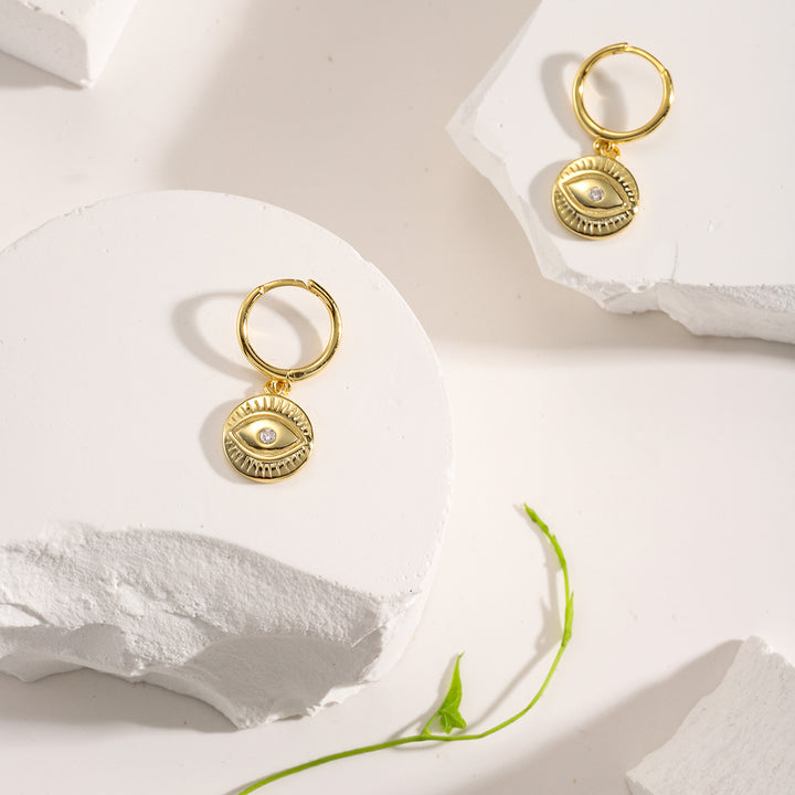 Diamond Eyes Round Drop Hoops Earrings Minimal Gold Jewelry