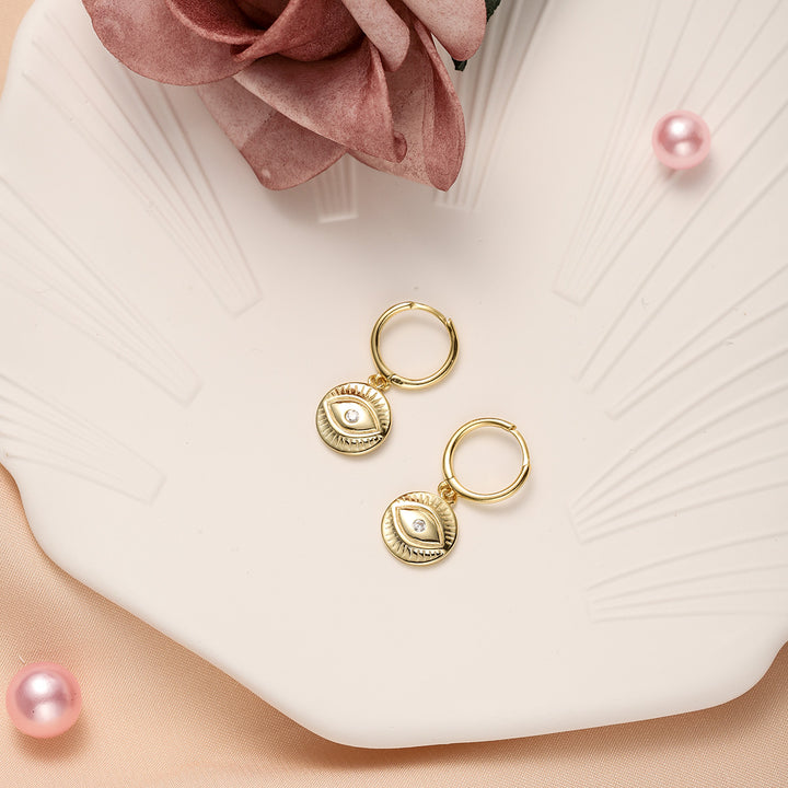 Diamond Eyes Round Drop Hoops Silver Earrings