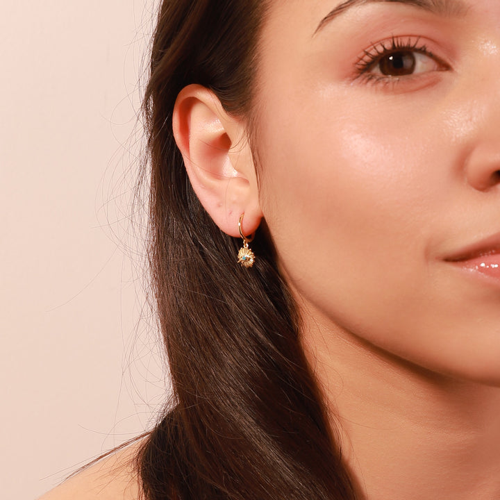 Blue Eyes Sun-Shape Drop Hoops Gold Earrings