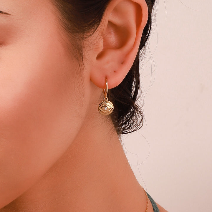 Diamond Eyes Round Drop Hoops Gold Earrings
