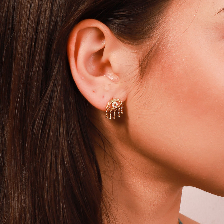 Diamond Eye Tassel Stud Silver Earrings