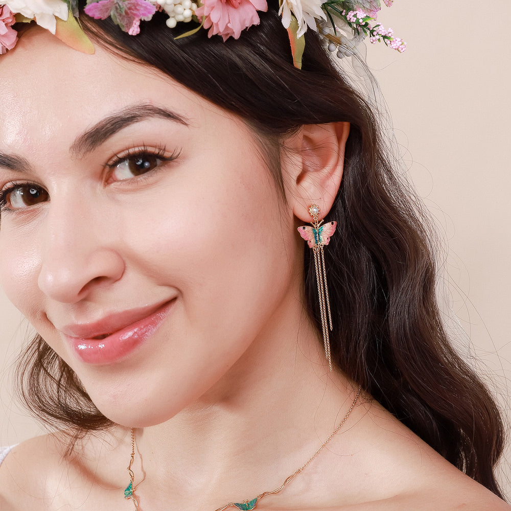 enamel butterfly tassel earrings
