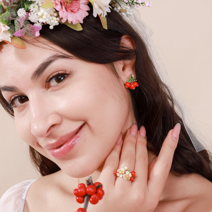 Cranberry Flowers Ring Enamel Jewelry Set